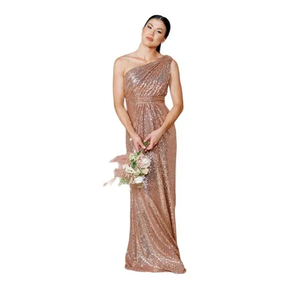 open lace back dress Trendy Sheath Rose Gold Sequins One Shoulder Slit Evening Gown JTE558